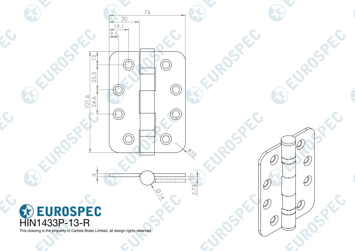 Eurospec-Türscharnier 102 x 76 mm – Doppelt gelagert für reibungslose Nutzung