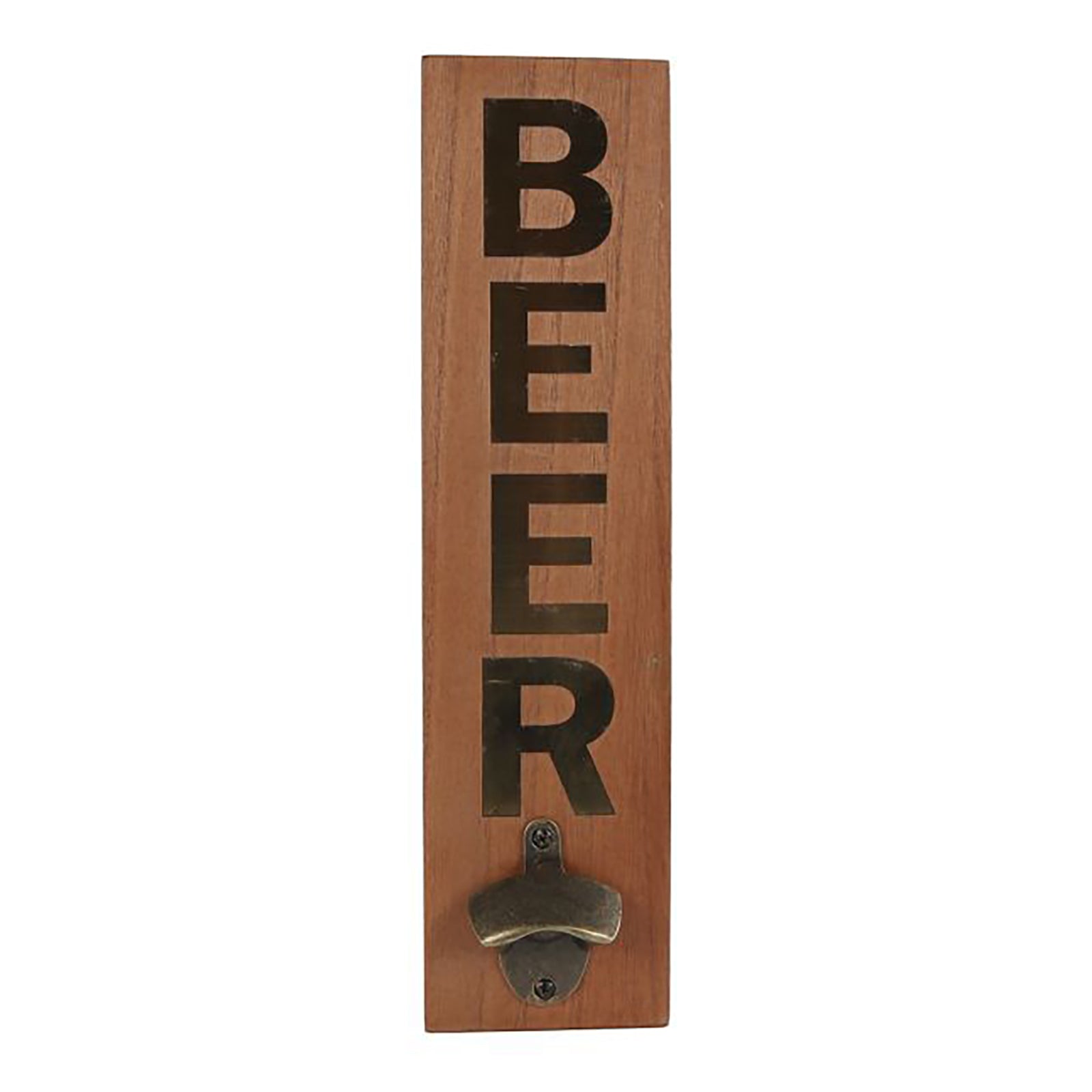 Wandflaschenöffner „Beer“ aus Holz mit schwarzen Buchstaben und goldfarbenem Öffner – 10 x 40 x4cm